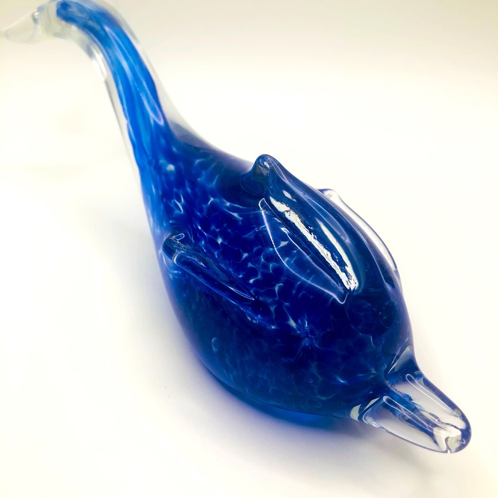 Beautiful blue and crystal dolphin glass paperweight. 8”